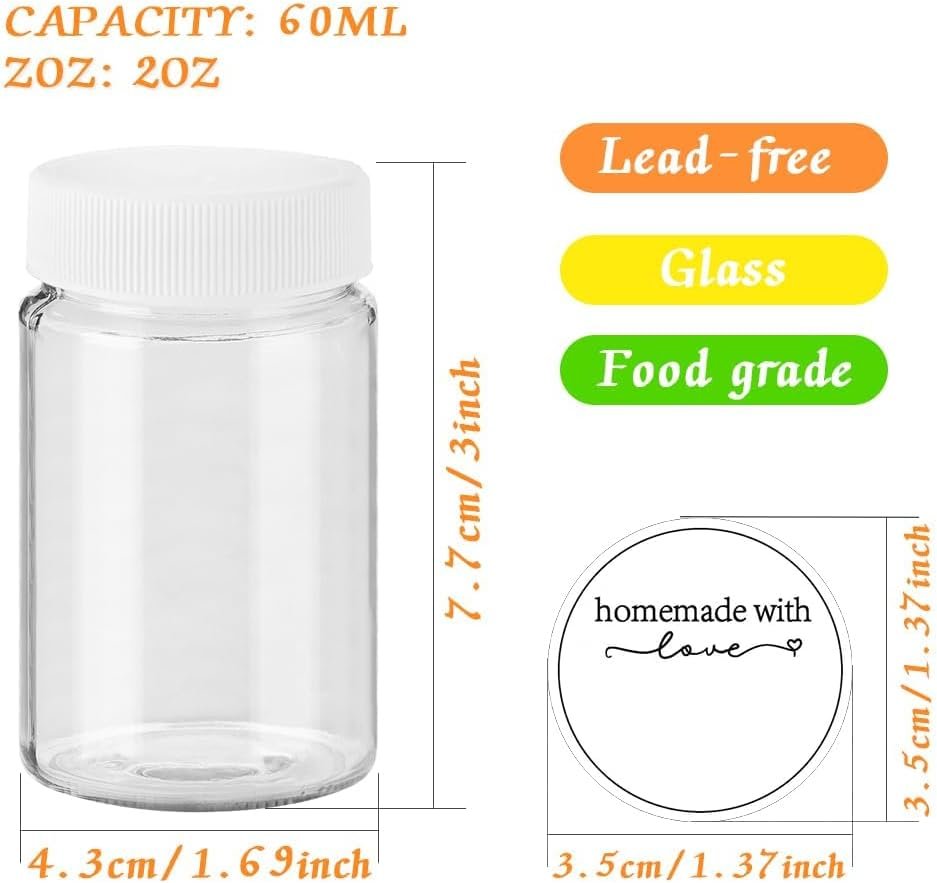 8pcs 2oz Glass Juice Bottles with Lids and Labels, Reusable Small Clear Jar for Juice, Ginger, Wellness Shot, Sample, Travel Portable Mini Bottles with Wide Mouth, Leakproof, Dishwasher Safe
