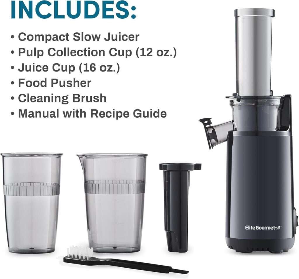Elite Gourmet EJX600 Compact Small Space-Saving Masticating Slow Juicer Cold Press Juice Extractor, Nutrient and Vitamin Dense, BPA-Free Tritan, Easy to Clean, 16 oz Juice Cup, Charcoal Grey