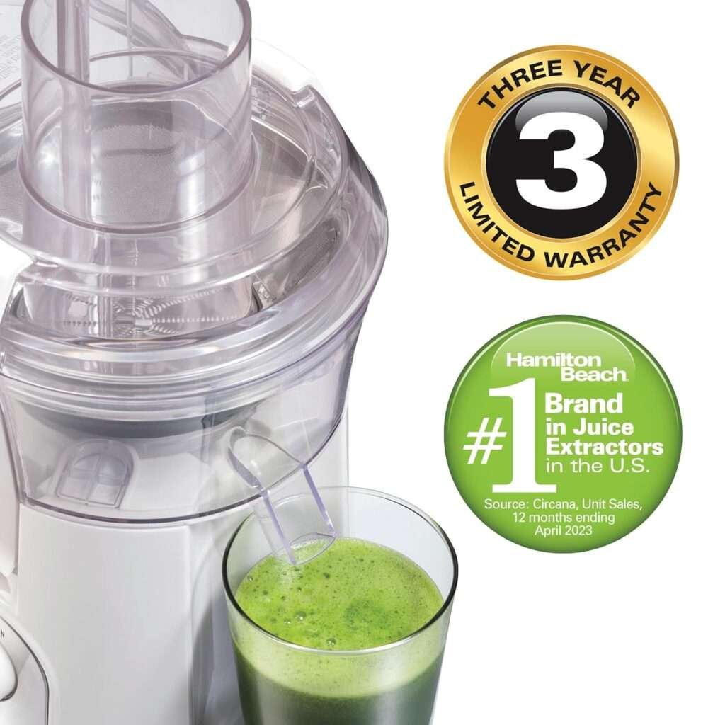 Hamilton Beach Juicer Machine, Big Mouth 3” Feed Chute for Whole Fruits and Vegetables, Easy to Clean, Centrifugal Extractor, Vegetable Fruit Juicer, BPA Free, 800W Motor, White