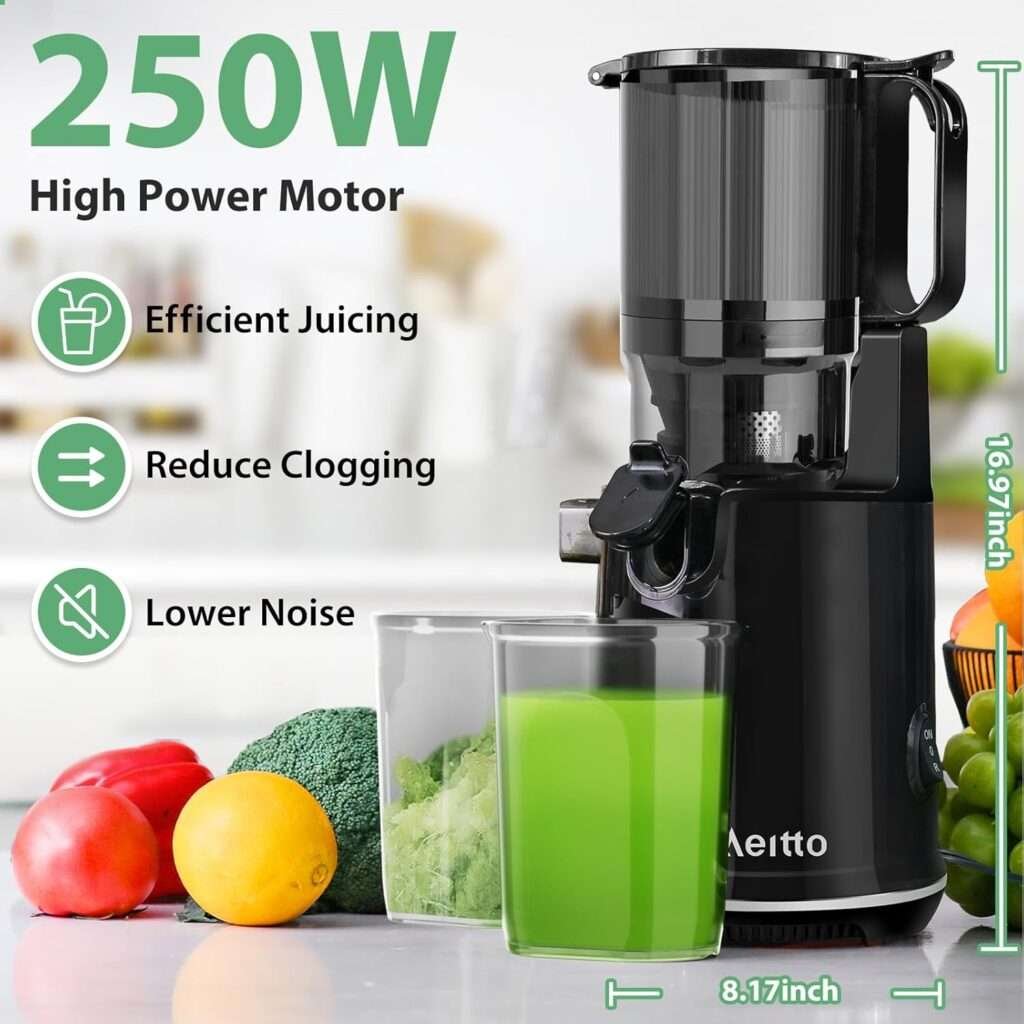 Juicer Machines,Aeitto Cold Press Juicer with 5.3“ Extra Large Feed Chute for Whole Fruits Vegetables, Slow Masticating Juice Extractor, Self Feeding, Easy to Clean, High Juice Yield, Grey