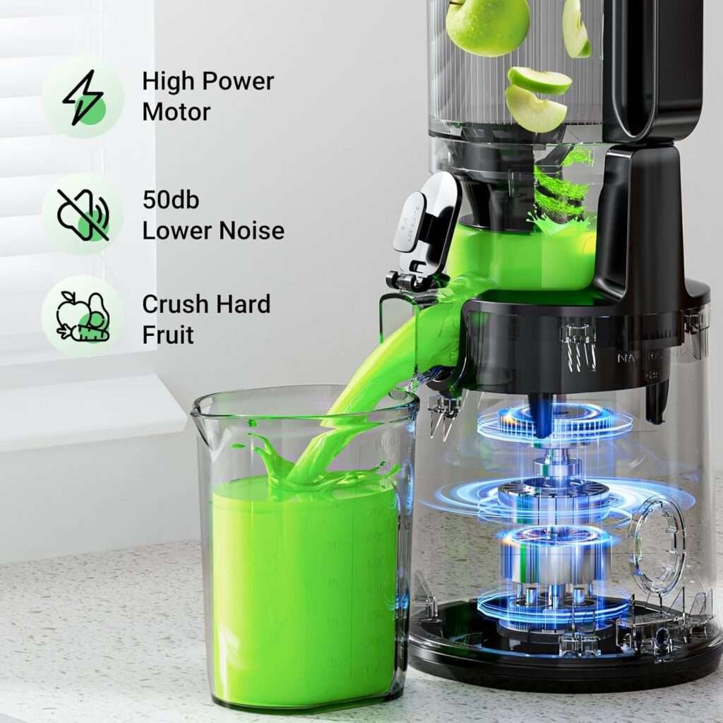 Juicer Machines,Aeitto Cold Press Juicer with 5.3“ Extra Large Feed Chute for Whole Fruits Vegetables, Slow Masticating Juice Extractor, Self Feeding, Easy to Clean, High Juice Yield, Grey