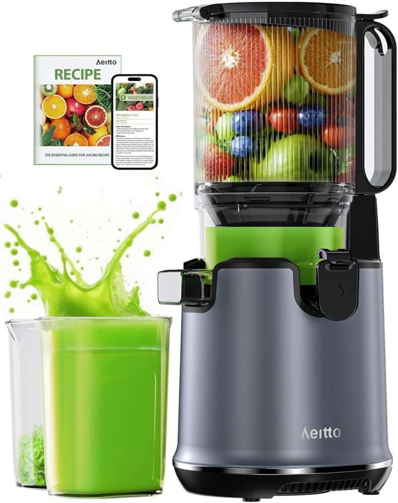Juicer Machines,Aeitto Cold Press Juicer with 5.3“ Extra Large Feed Chute for Whole Fruits Vegetables, Slow Masticating Juice Extractor, Self Feeding, Easy to Clean, High Juice Yield, Grey