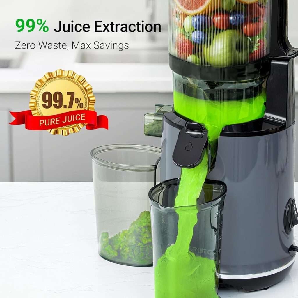 Max5 Juicer Machines,Aeitto Cold Press Juicer with 5.3“ Wide Mouth for Whole Fruits Vegetables, Professional Slow Masticating Juice Extractor, Self Feeding, Easy to Use, High Juice Yield, Dark Grey